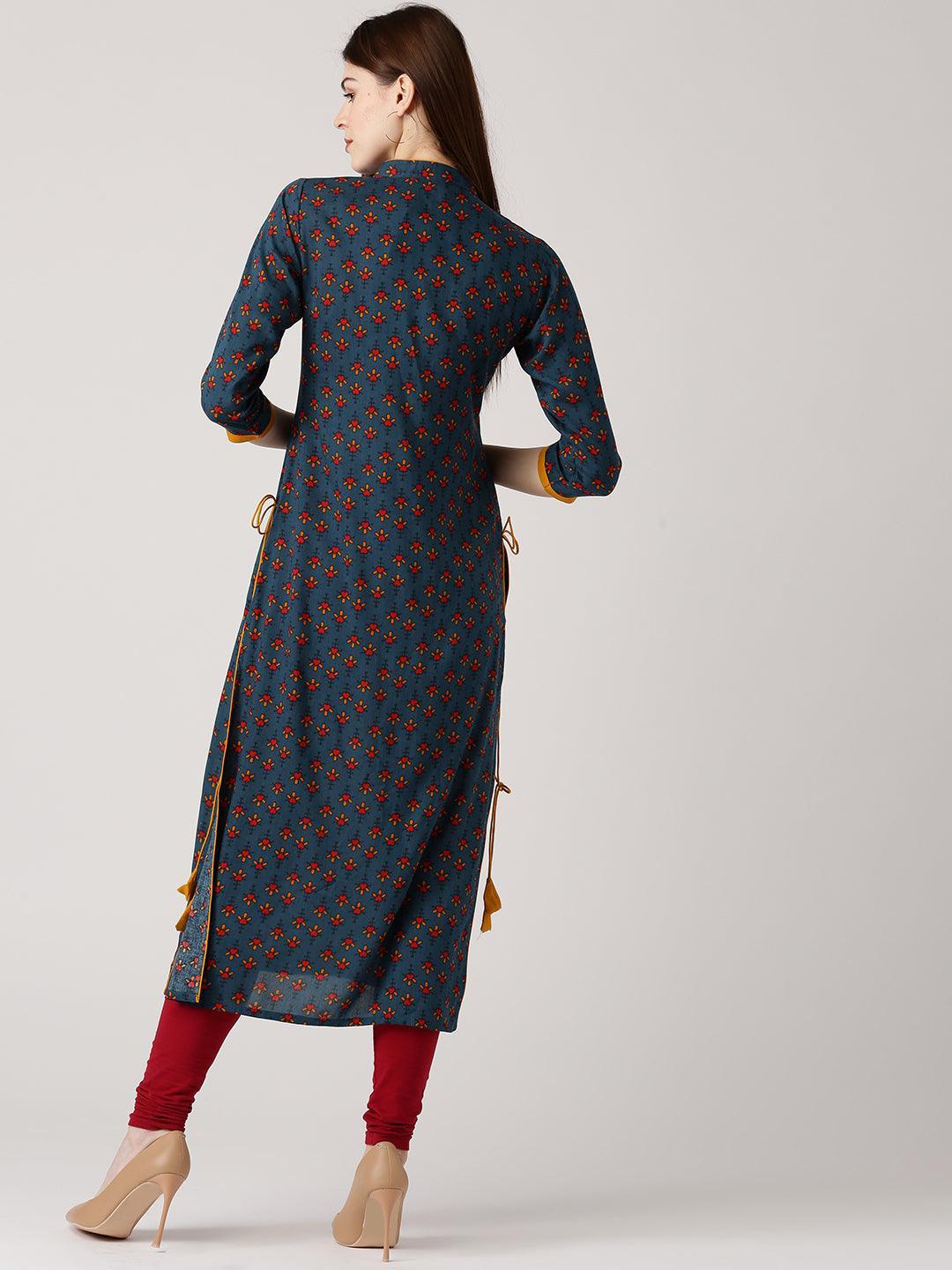 Blue Printed Rayon Kurta