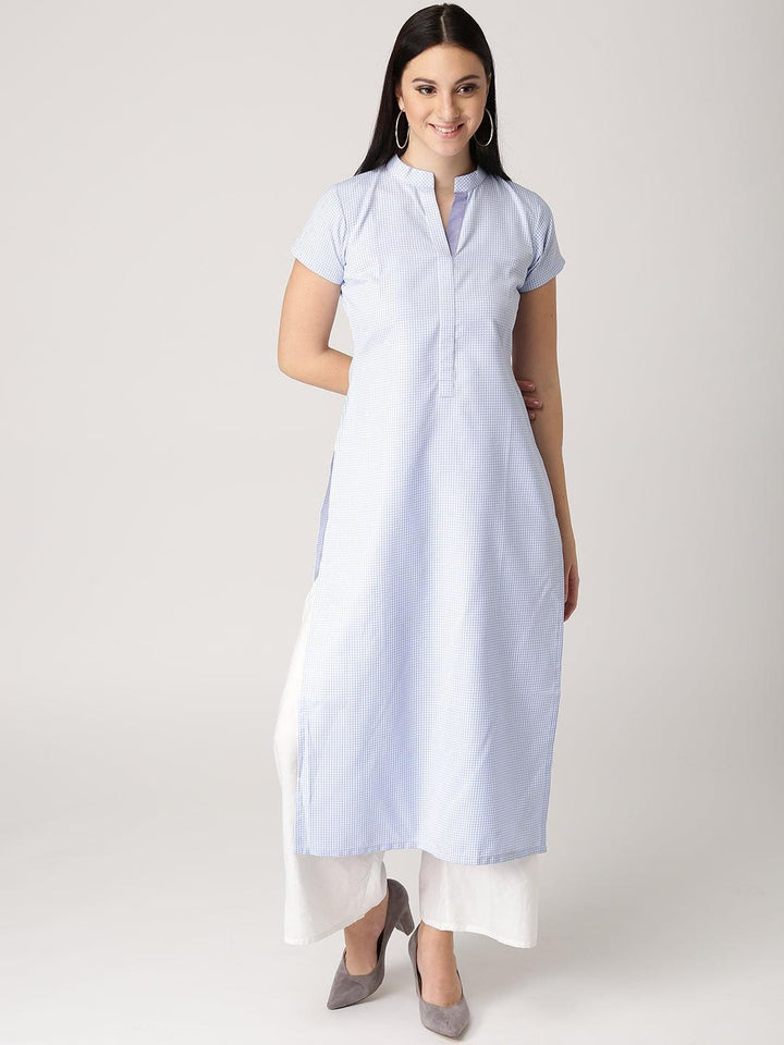 Blue Checkered Polyester Kurta - ShopLibas