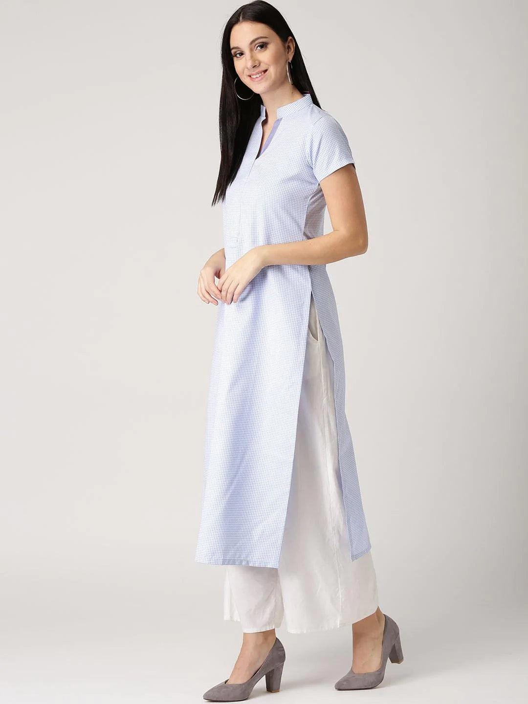 Blue Checkered Polyester Kurta - ShopLibas