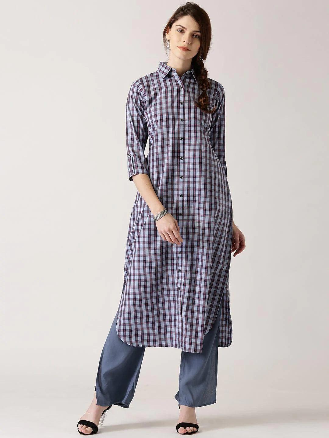 Blue Checkered Cotton Kurta