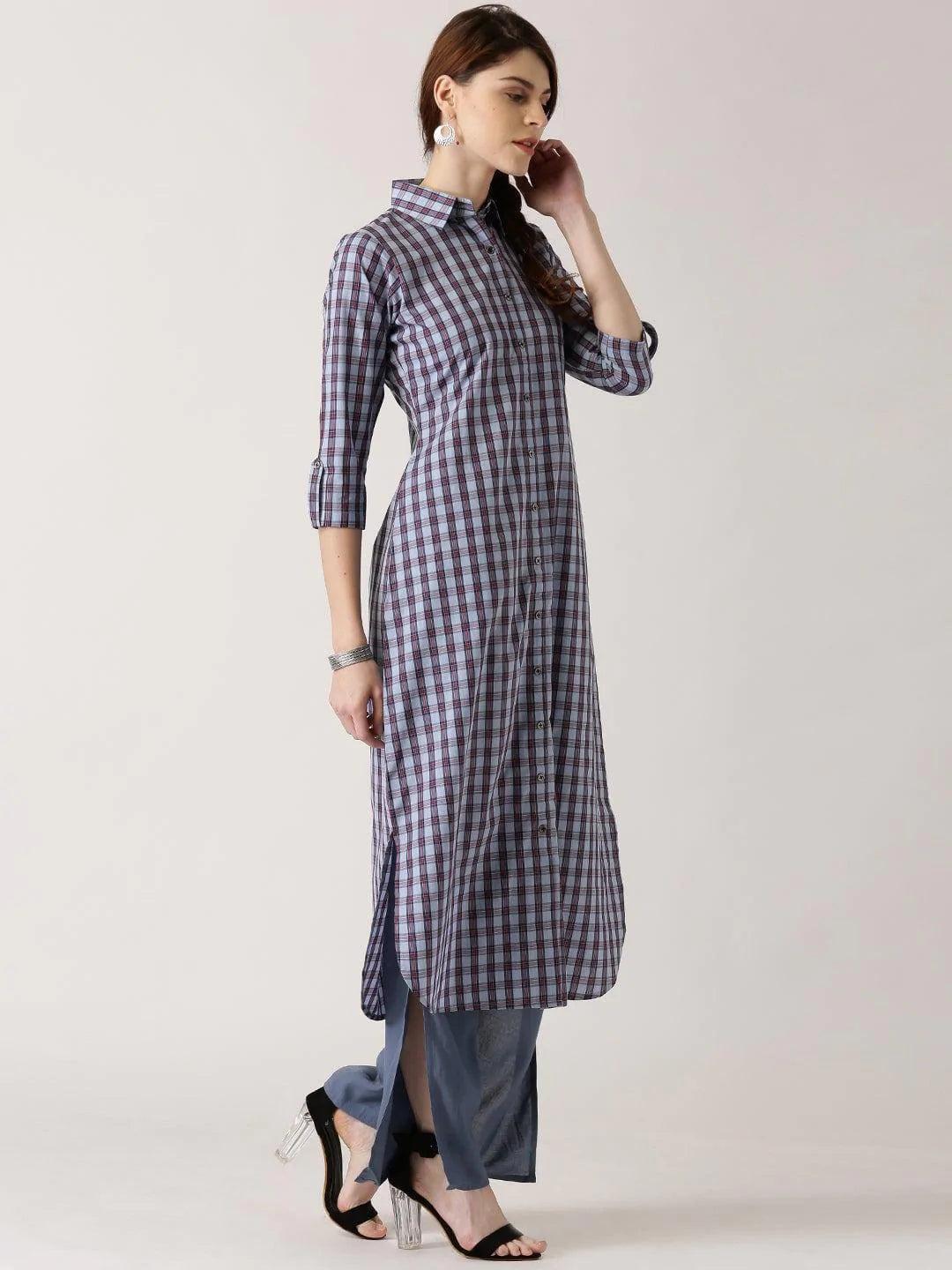 Blue Checkered Cotton Kurta