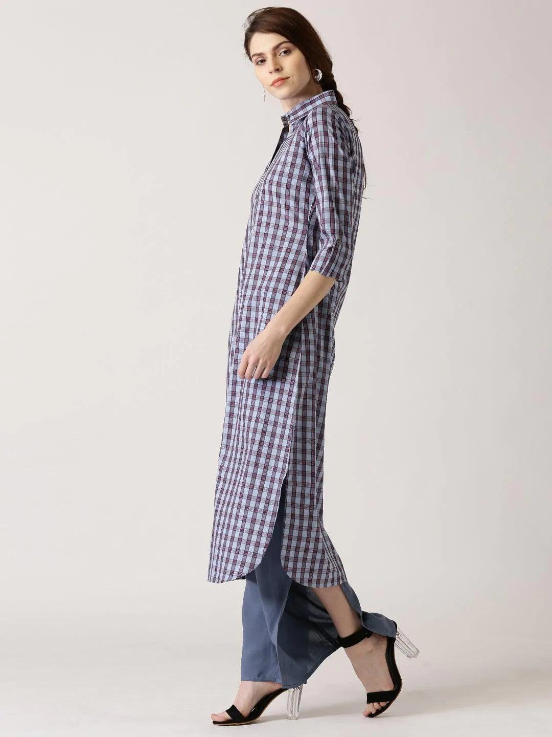 Blue Checkered Cotton Kurta