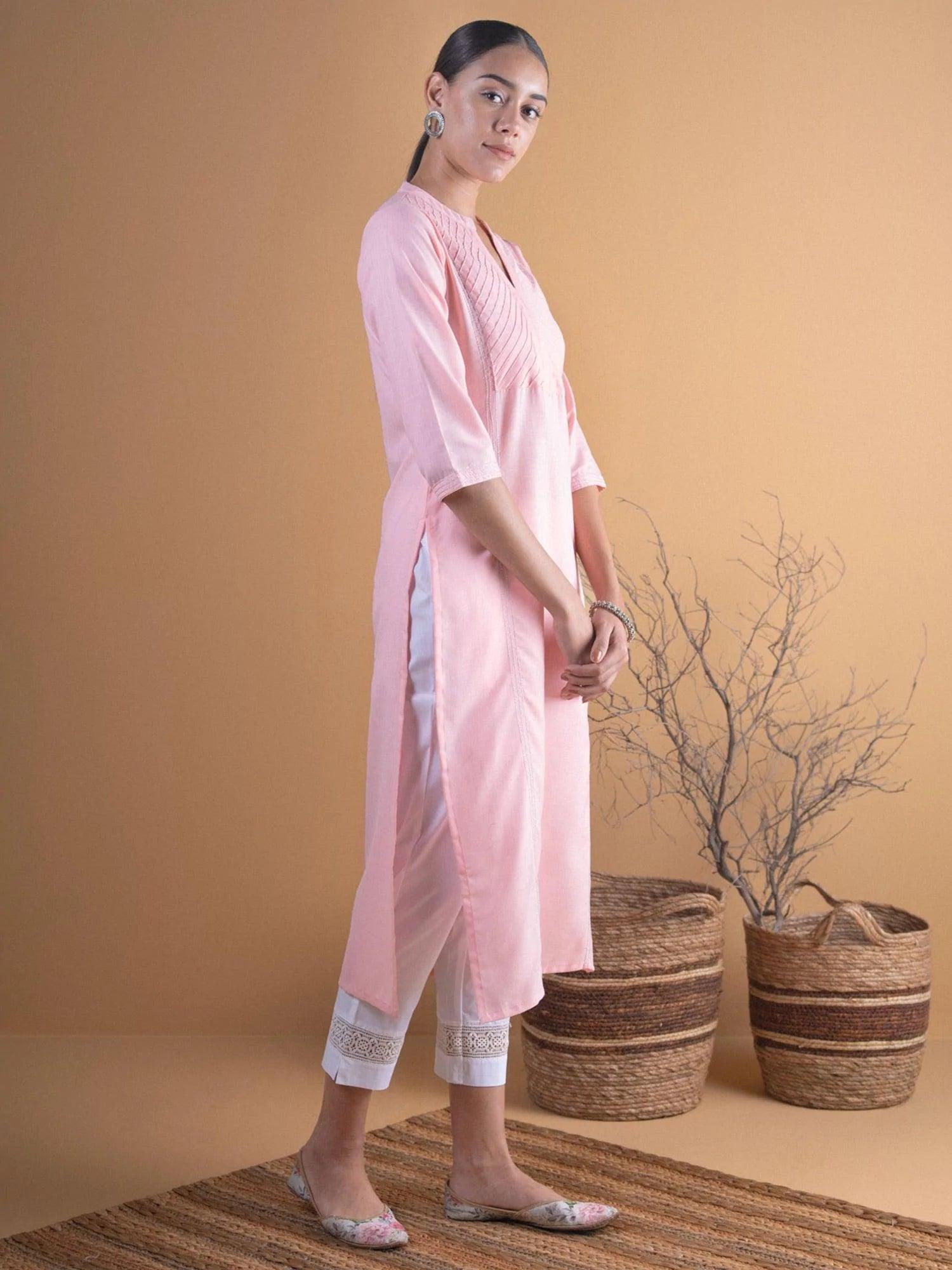 Pink Solid Cotton Kurta