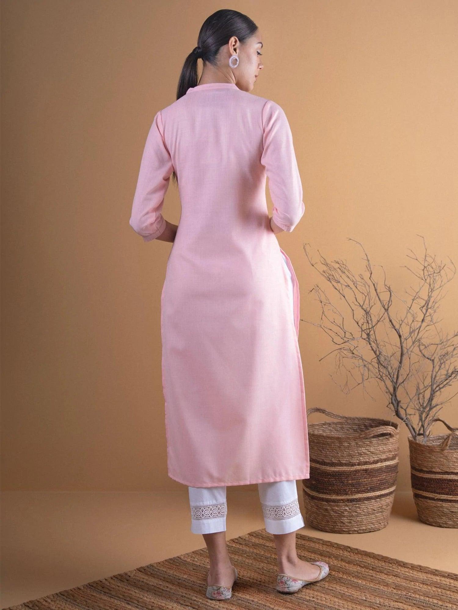 Pink Solid Cotton Kurta