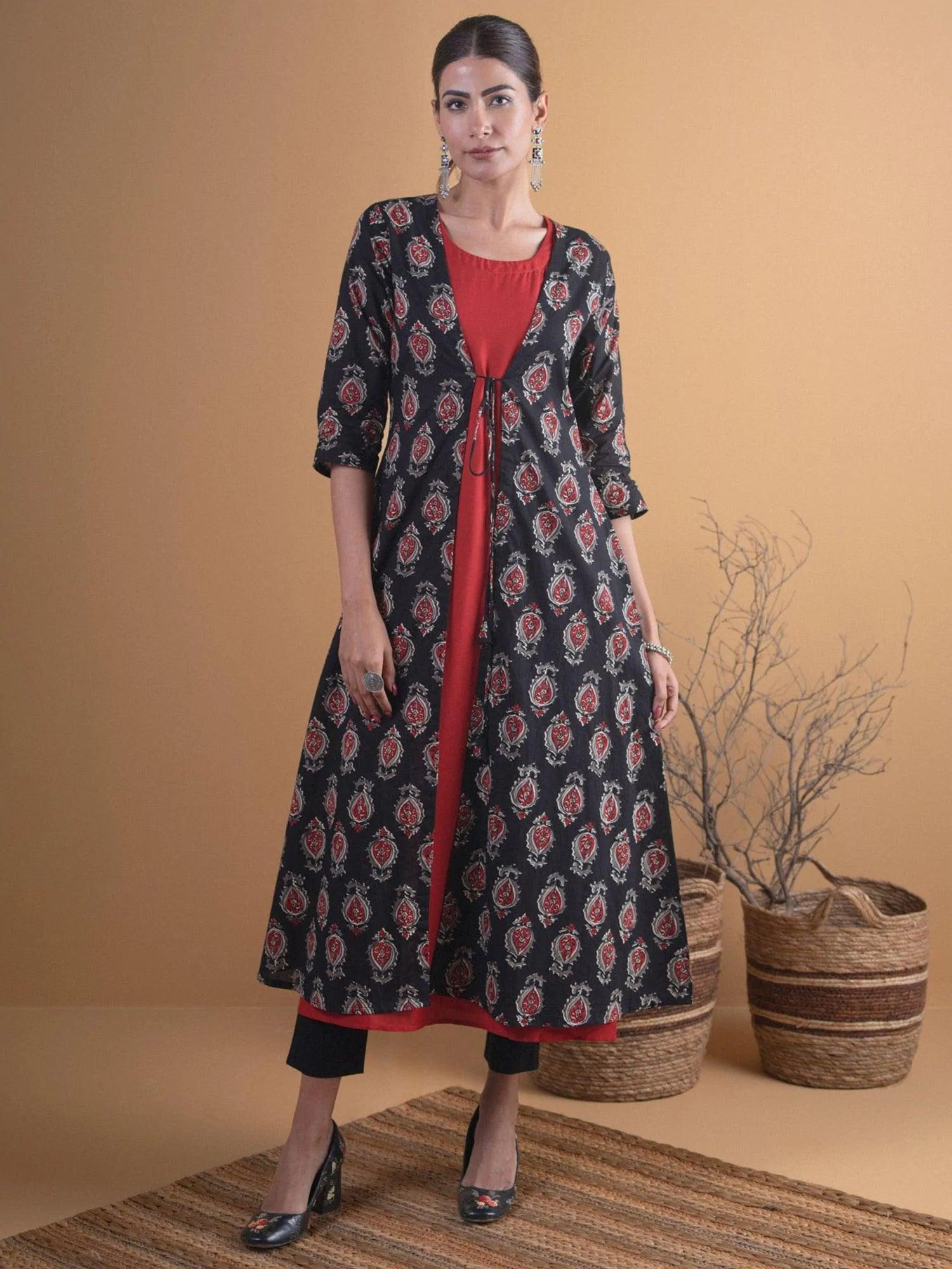 Black Printed Cotton Kurta With Jacket