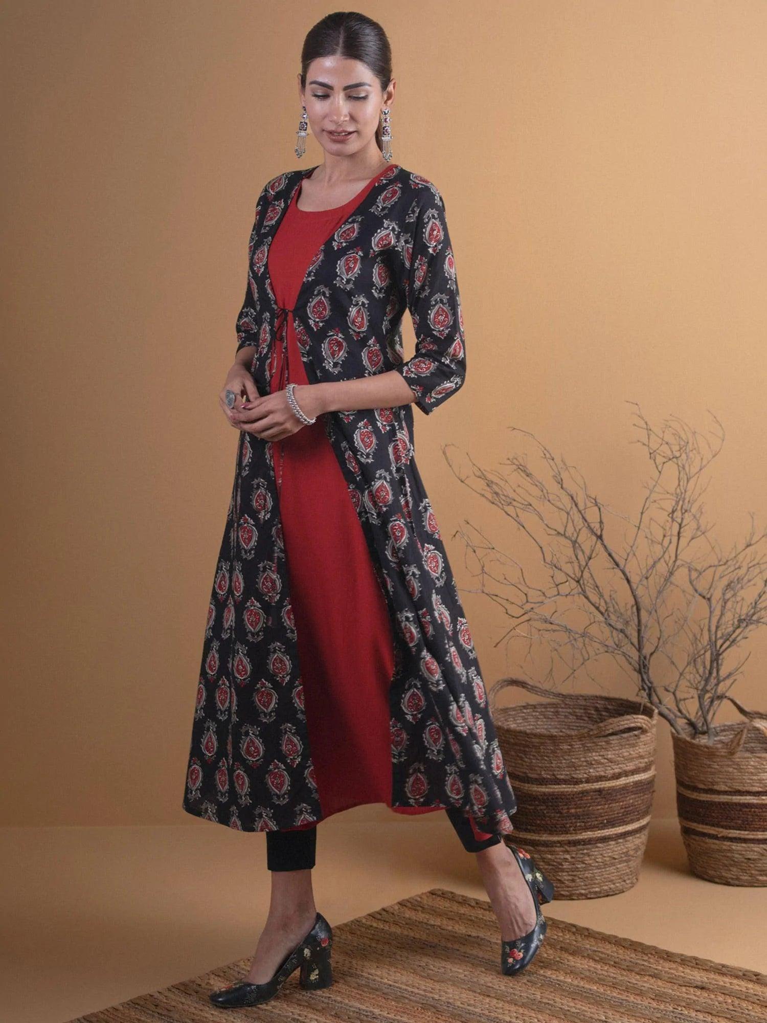 Black Printed Cotton Kurta With Jacket