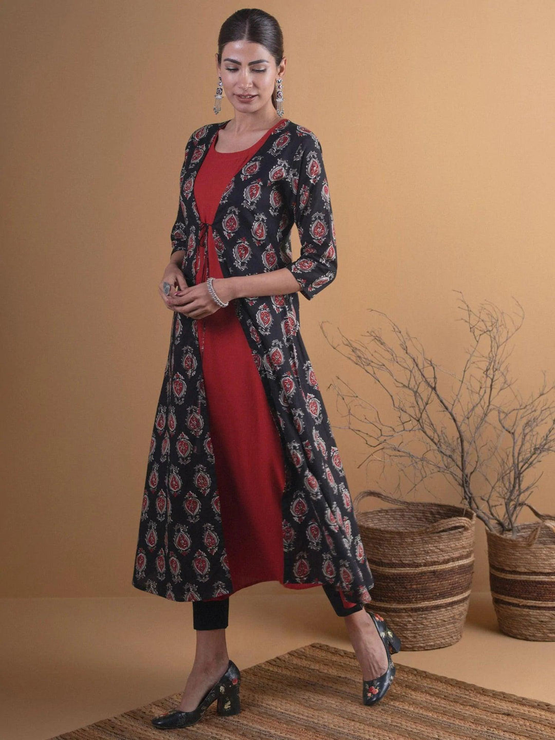 Black Printed Cotton Kurta With Jacket - ShopLibas