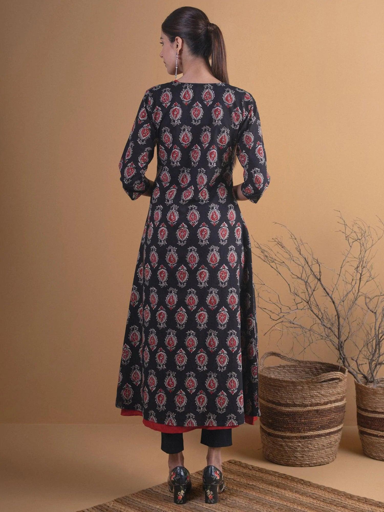 Black Printed Cotton Kurta With Jacket