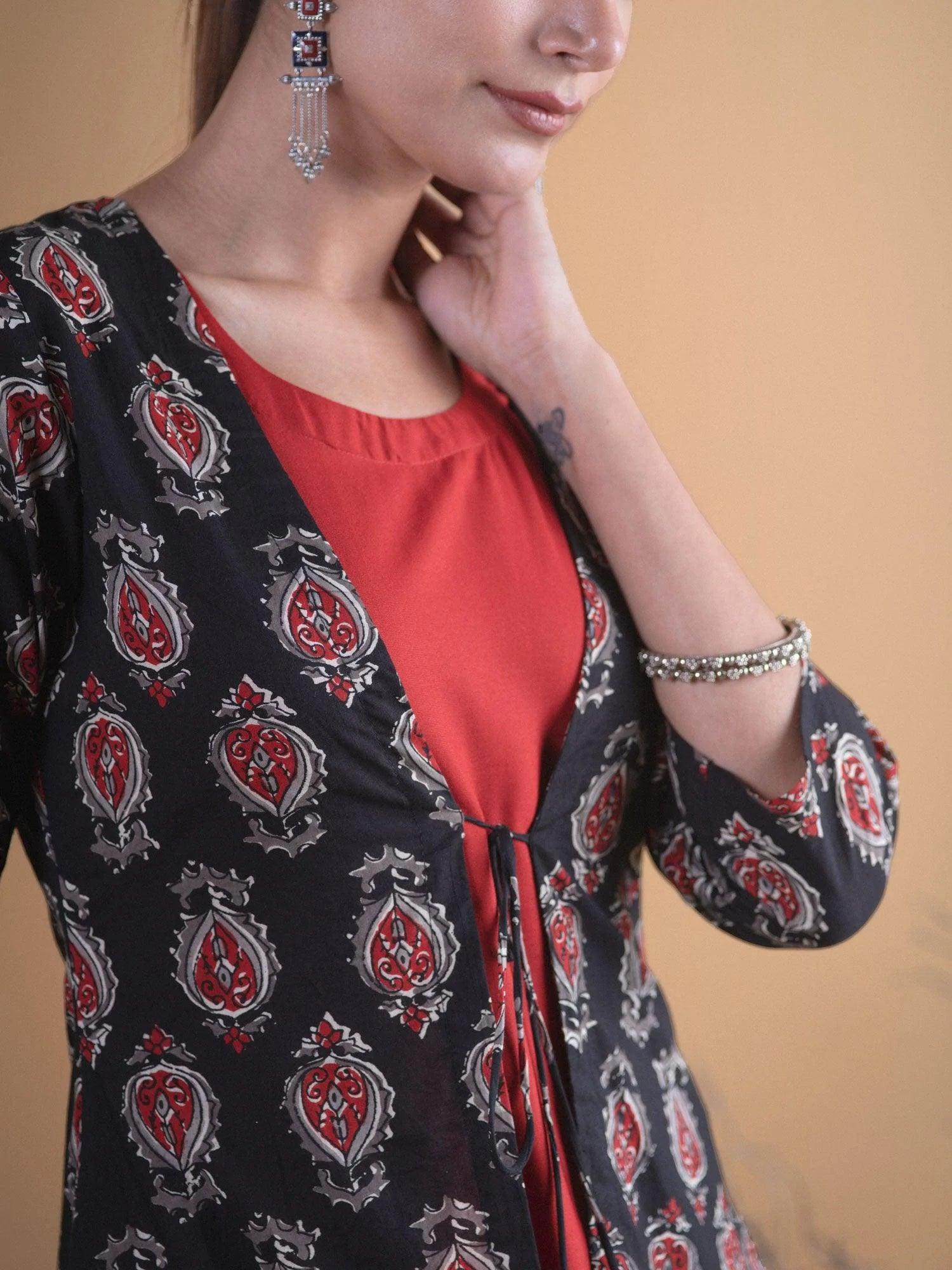 Black Printed Cotton Kurta With Jacket