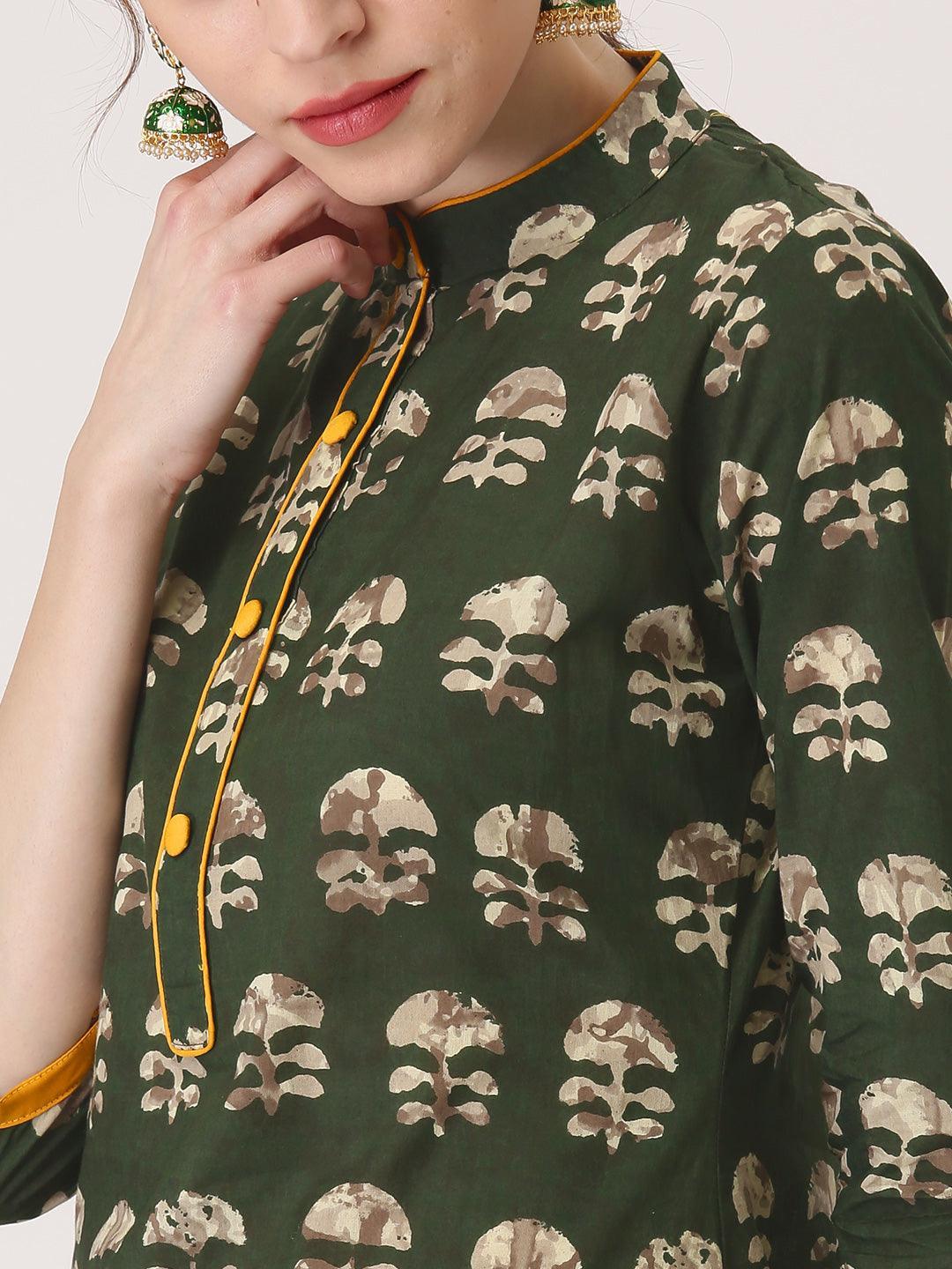 Green Printed Cotton Kurta