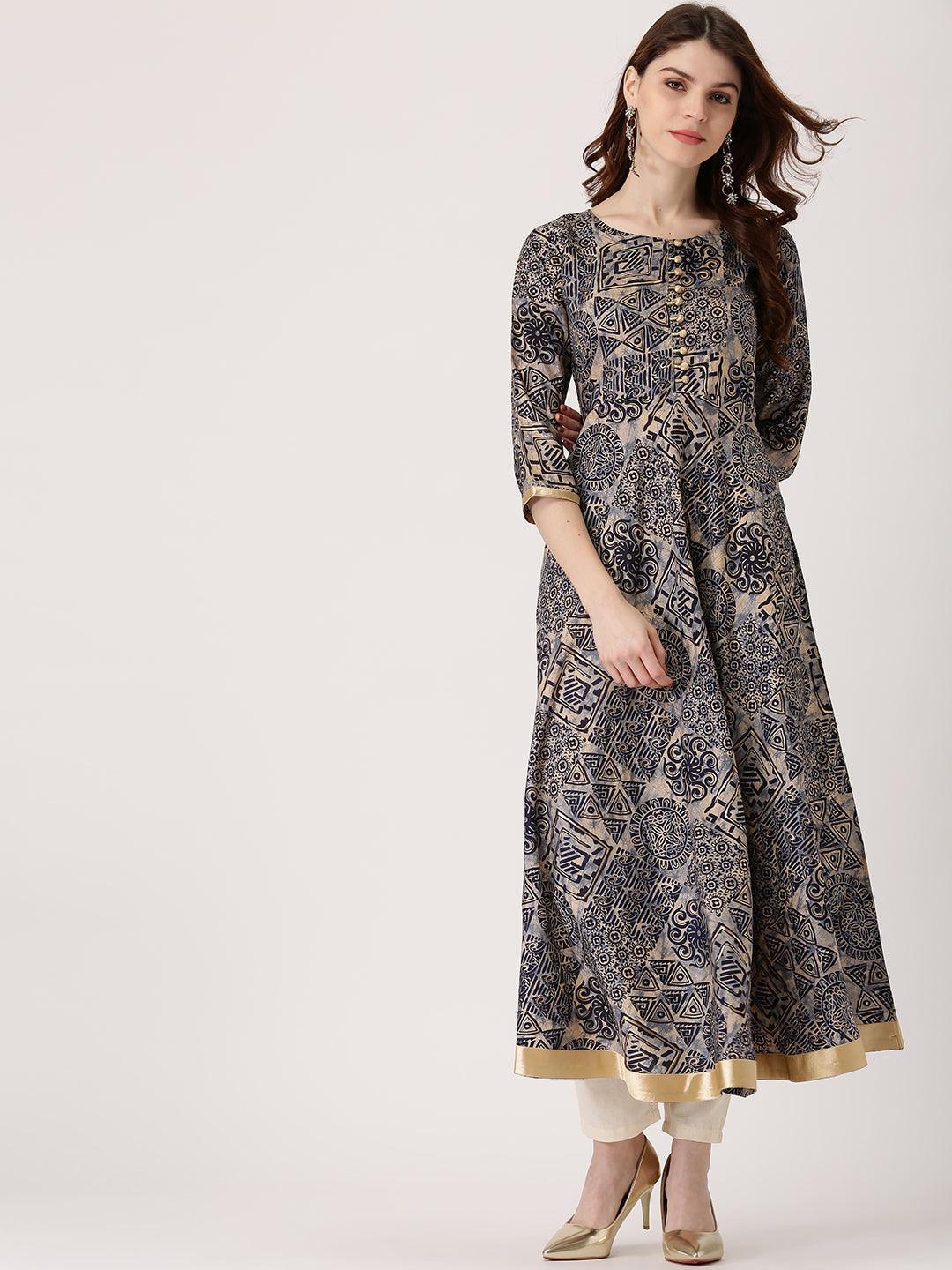 Blue Printed Chanderi Silk Kurta