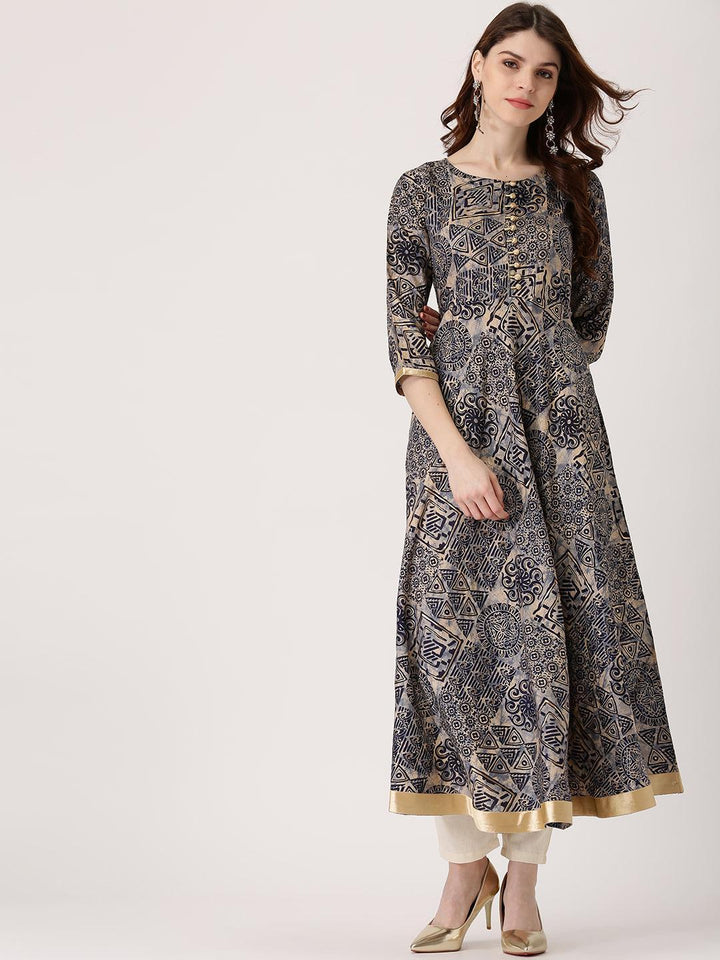 Blue Printed Chanderi Silk Kurta - ShopLibas