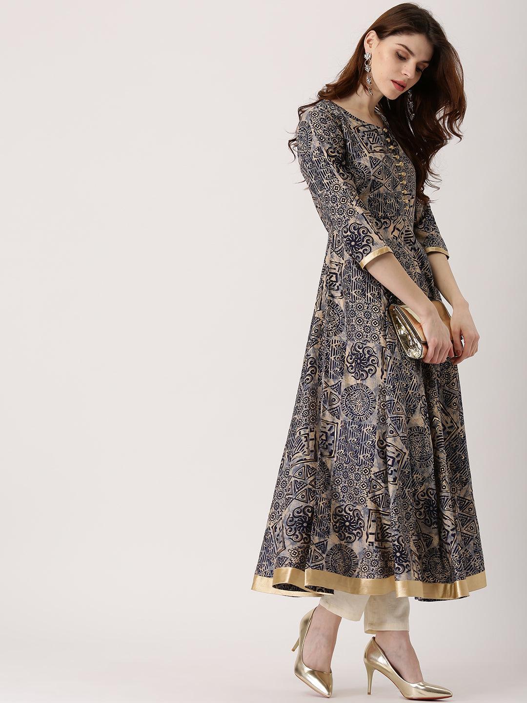 Blue Printed Chanderi Silk Kurta