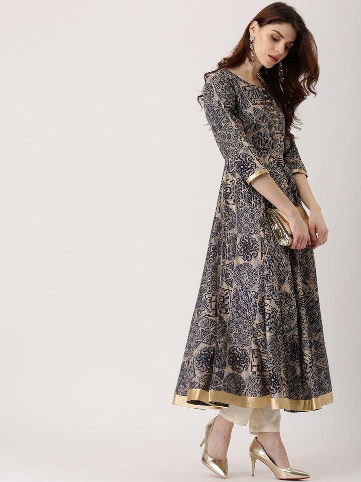 Blue Printed Chanderi Silk Kurta - ShopLibas