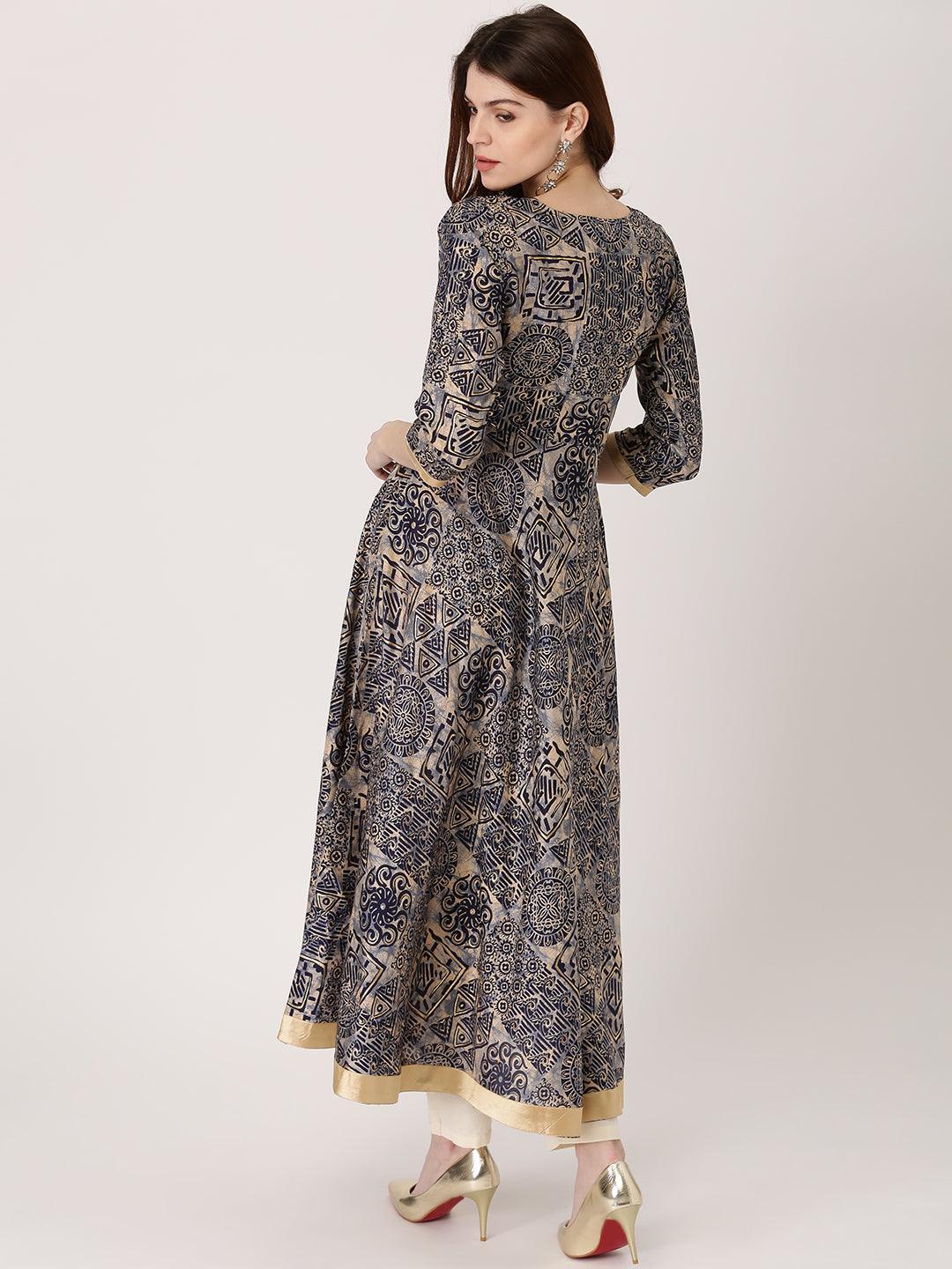 Blue Printed Chanderi Silk Kurta