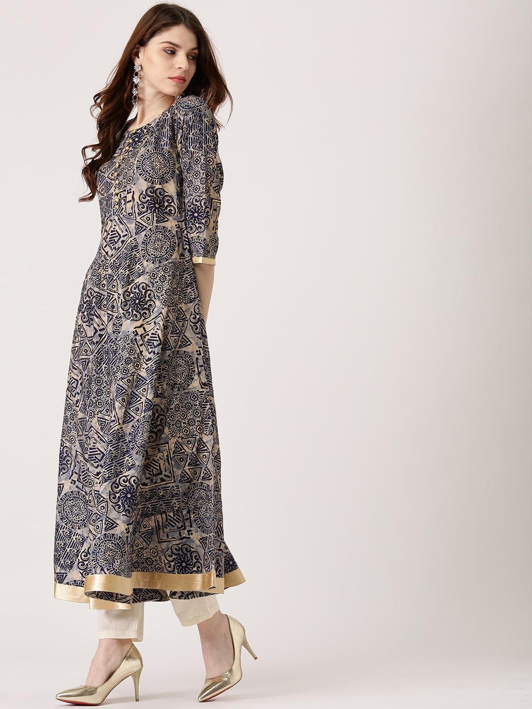 Blue Printed Chanderi Silk Kurta