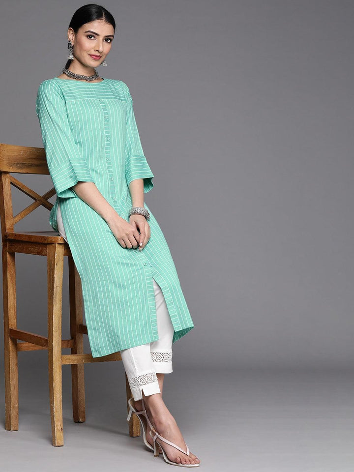 Sea Green Striped Cotton Kurta - ShopLibas