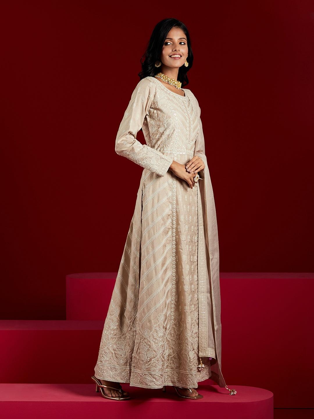 Libas Art Taupe Embroidered Silk A-Line Kurta With Trousers & Dupatta