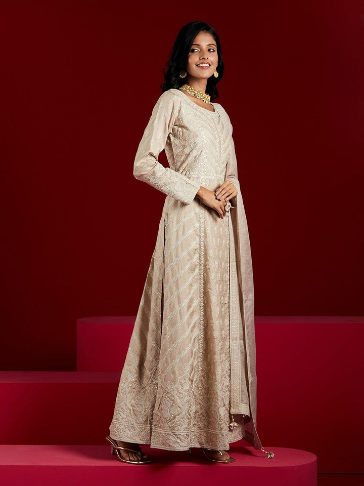 Libas Art Taupe Embroidered Silk A-Line Kurta With Trousers & Dupatta - ShopLibas