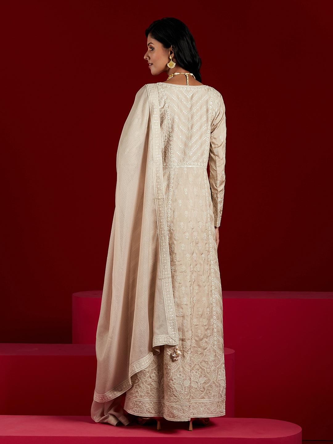 Libas Art Taupe Embroidered Silk A-Line Kurta With Trousers & Dupatta