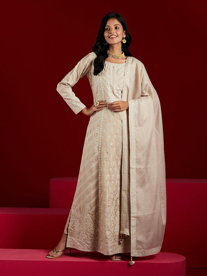 Libas Art Taupe Embroidered Silk A-Line Kurta With Trousers & Dupatta - ShopLibas