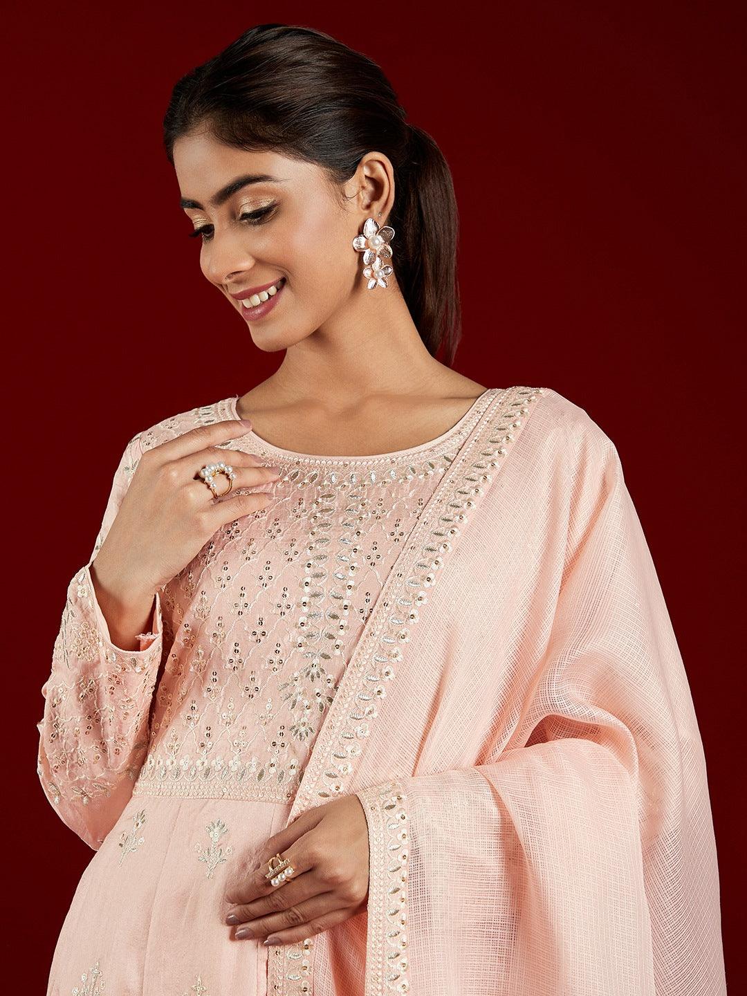 Libas Art Peach Embroidered Silk A-Line Kurta With Trousers & Dupatta