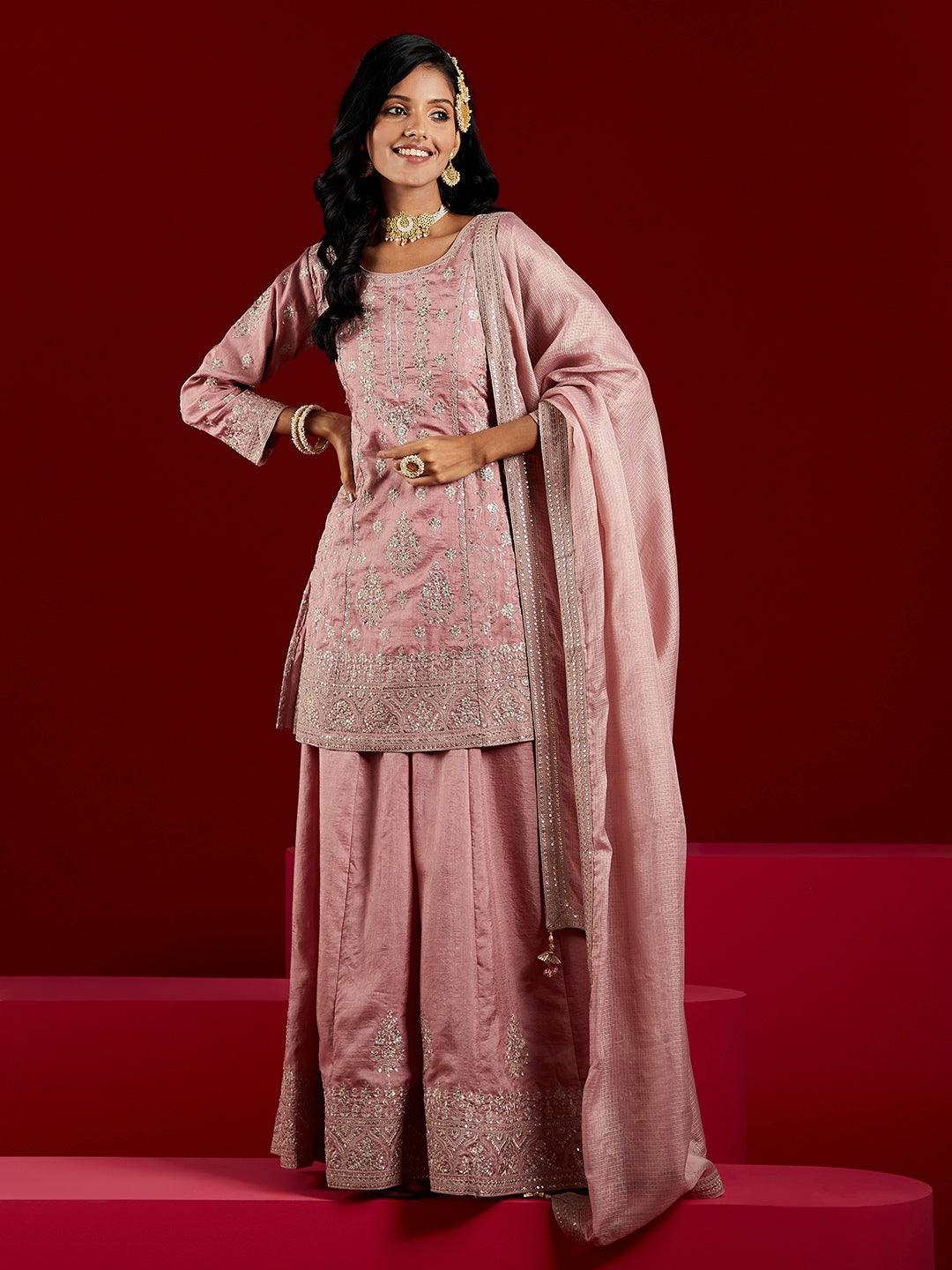 Libas Art Dusty Pink Embroidered Silk A-Line Kurti With Palazzos & Dupatta