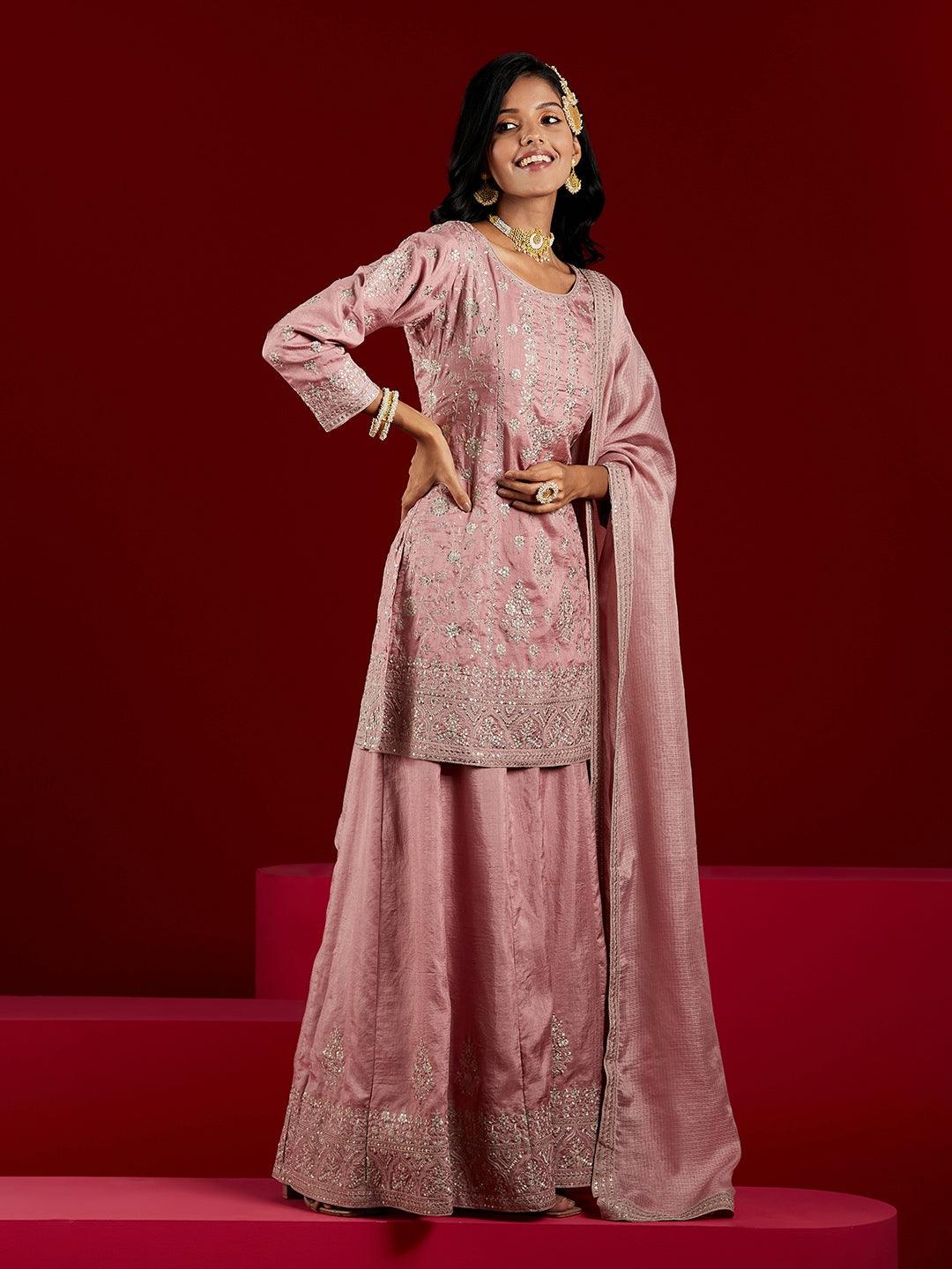 Libas Art Dusty Pink Embroidered Silk A-Line Kurti With Palazzos & Dupatta