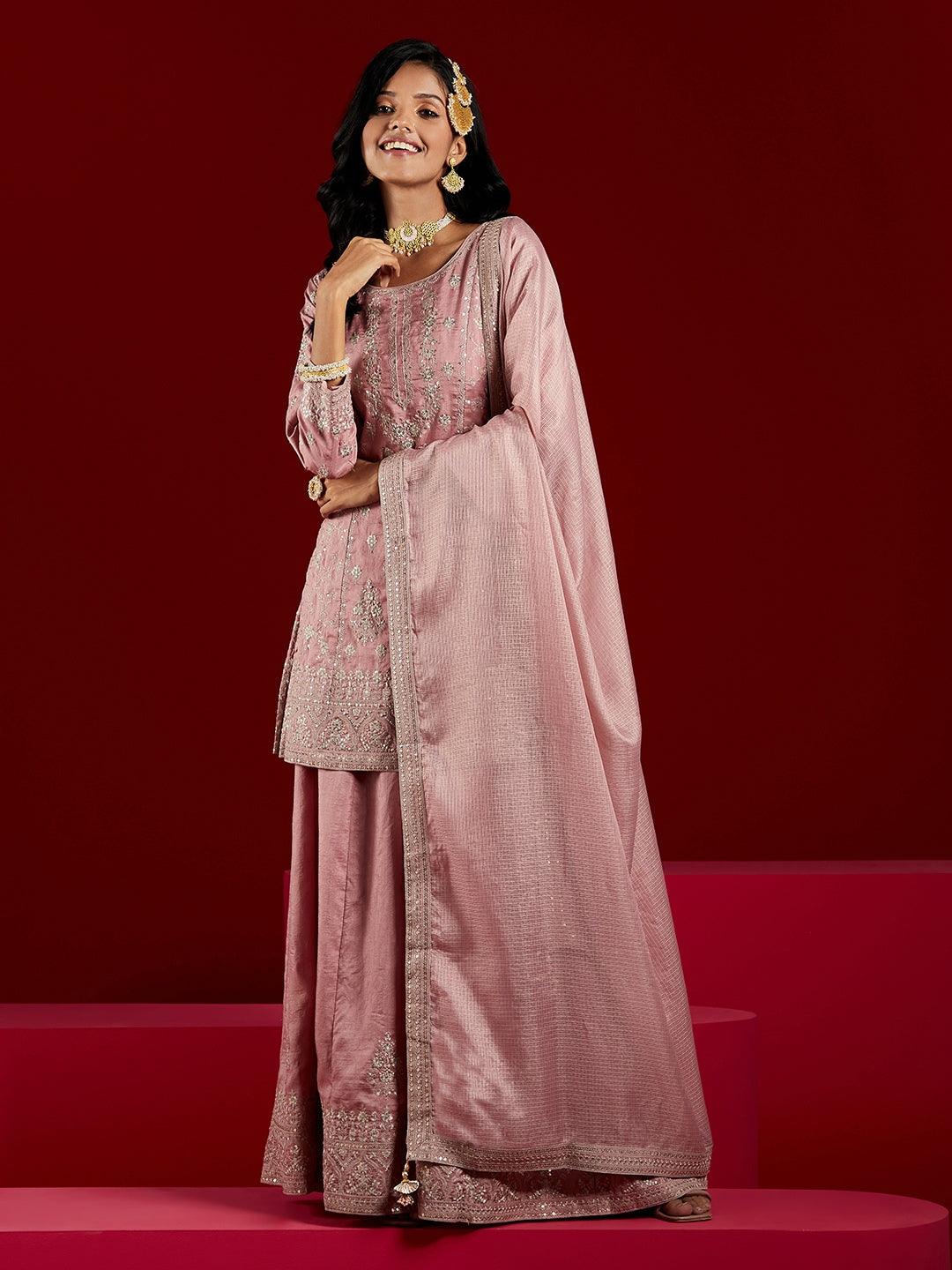 Libas Art Dusty Pink Embroidered Silk A-Line Kurti With Palazzos & Dupatta