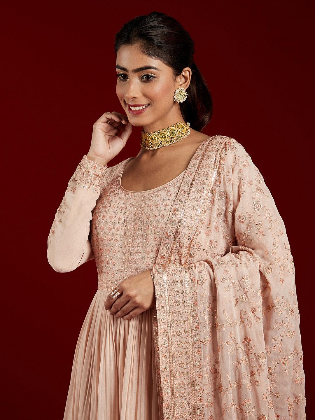 Libas Art Peach Embroidered Georgette Anarkali Suit With Dupatta