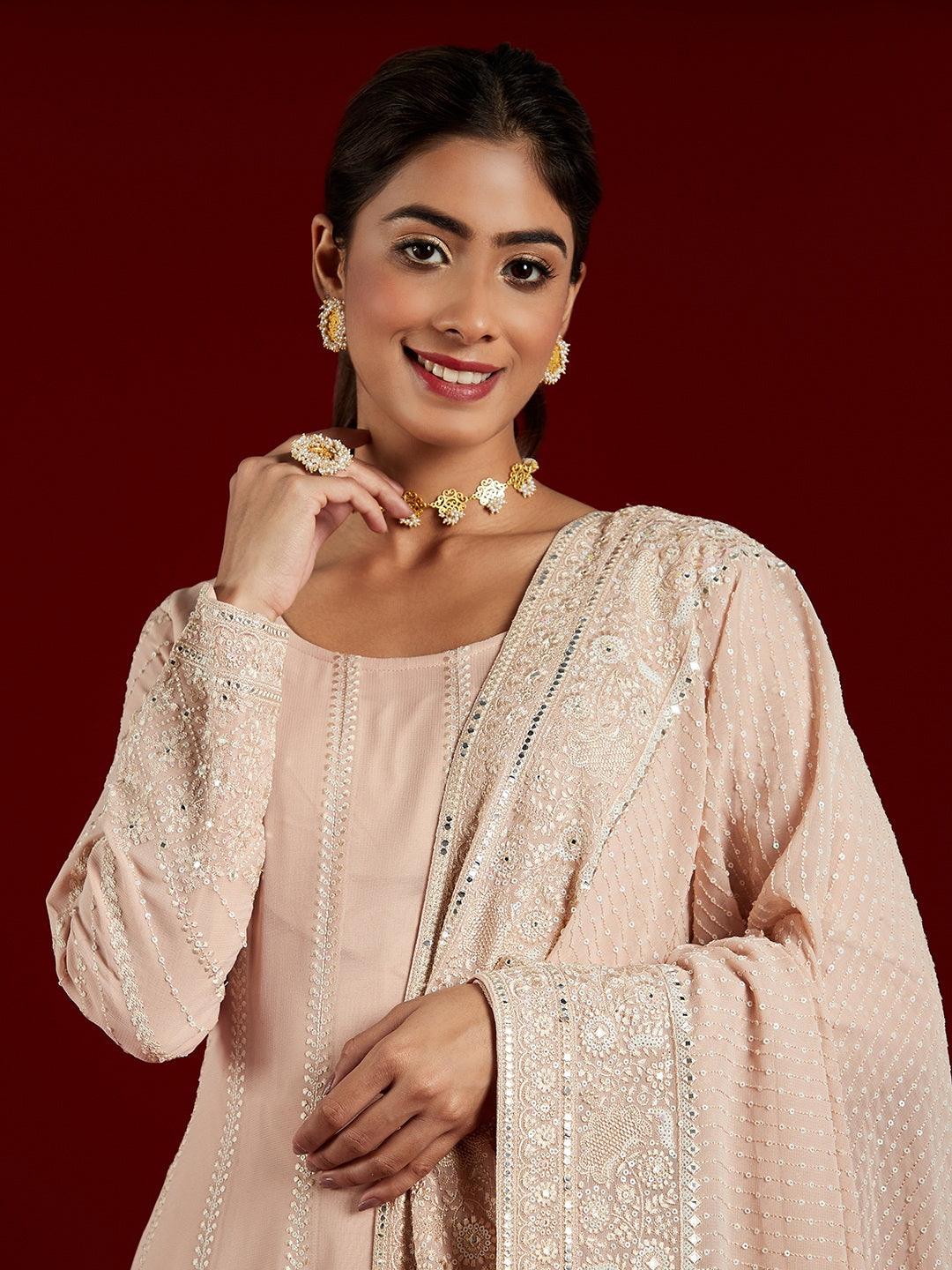 Libas Art Peach Embroidered Georgette A-Line Kurta With Palazzos & Dupatta - ShopLibas