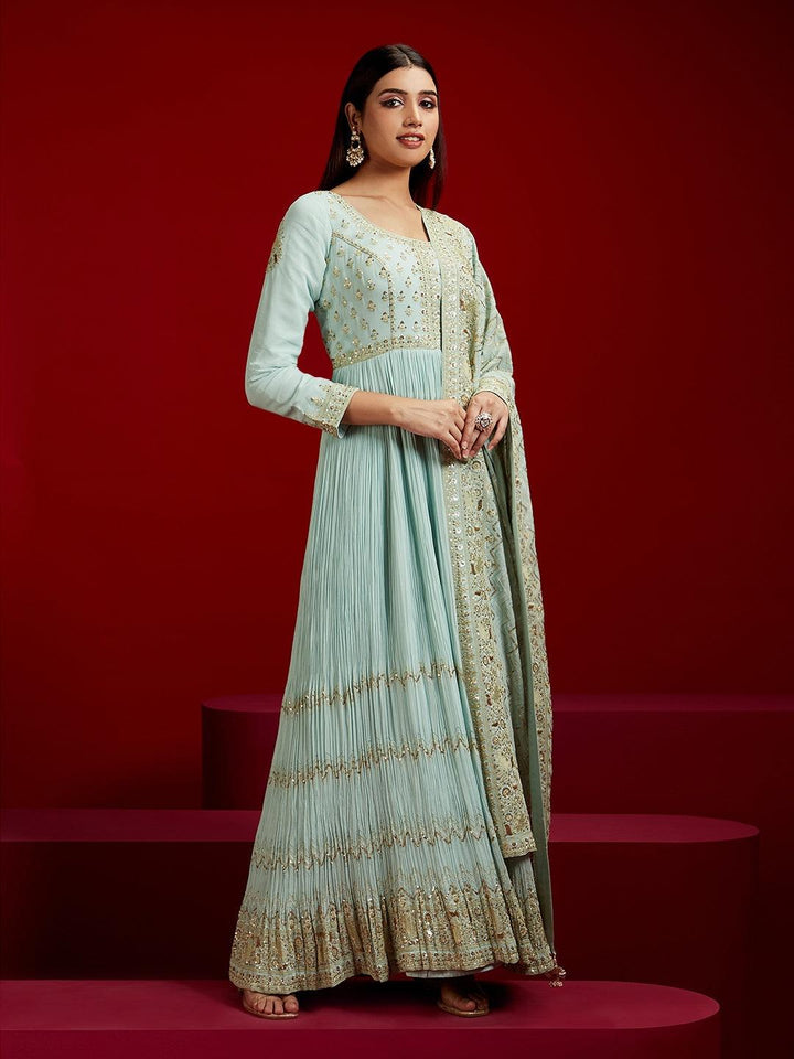 Libas Art Sea Green Yoke Design Georgette A-Line Kurta With Trousers & Dupatta - ShopLibas