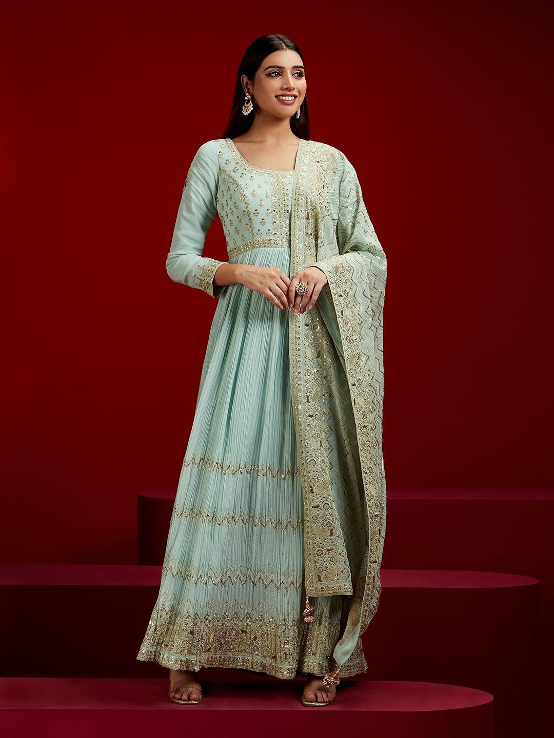 Libas Art Sea Green Yoke Design Georgette A-Line Kurta With Trousers & Dupatta - ShopLibas