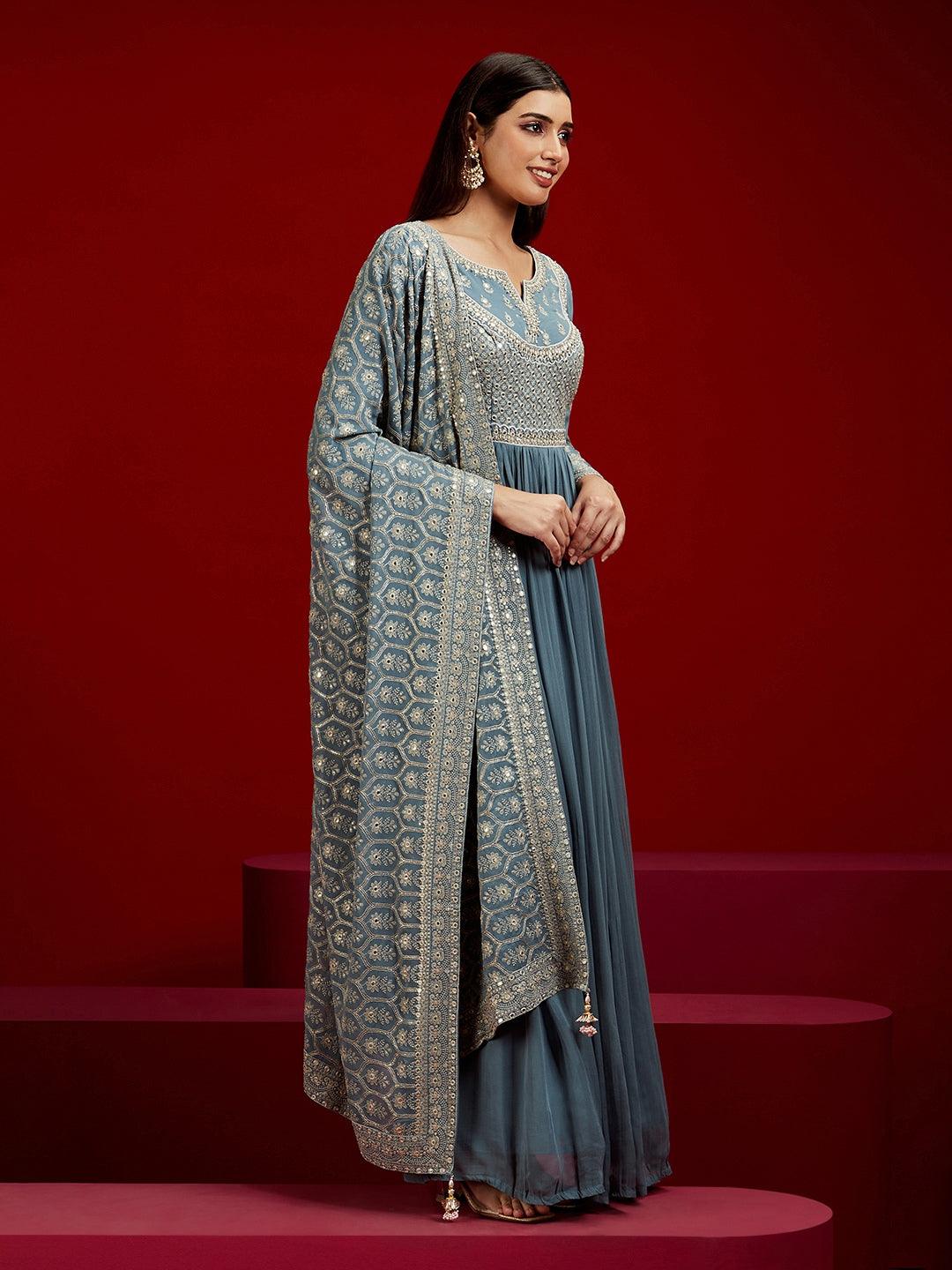 Libas Art Grey Yoke Design Georgette A-Line Kurta With Trousers & Dupatta