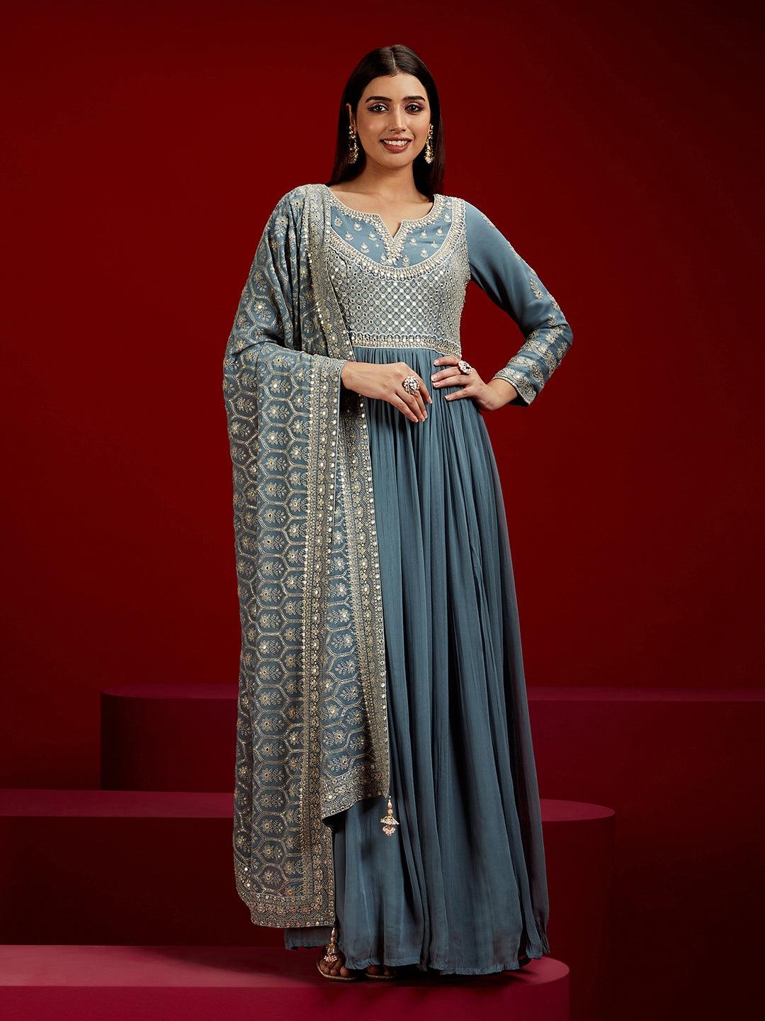 Libas Art Grey Yoke Design Georgette A-Line Kurta With Trousers & Dupatta