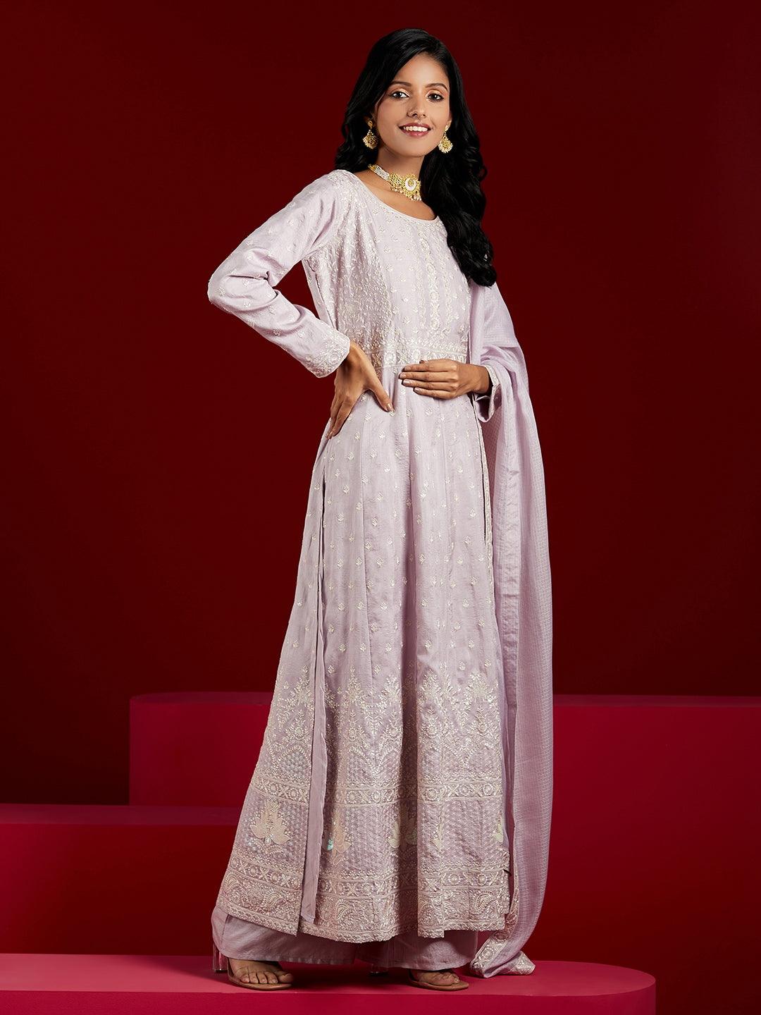 Libas Art Lilac Embroidered Silk A-Line Kurta With Palazzos & Dupatta