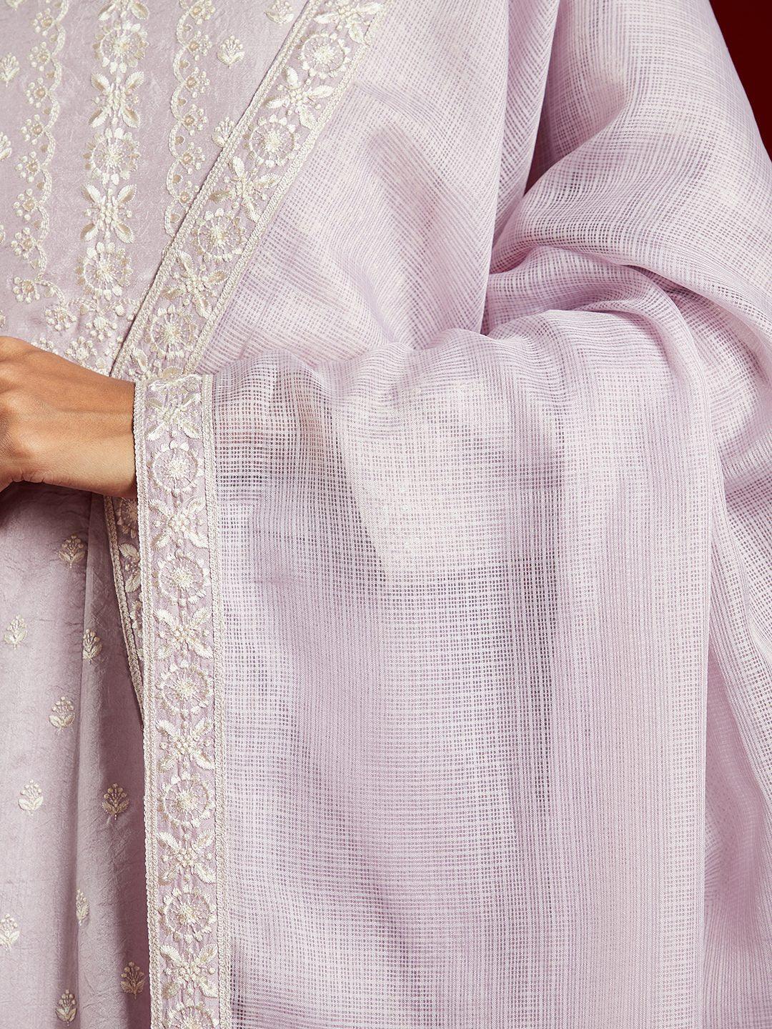 Libas Art Lilac Embroidered Silk A-Line Kurta With Palazzos & Dupatta