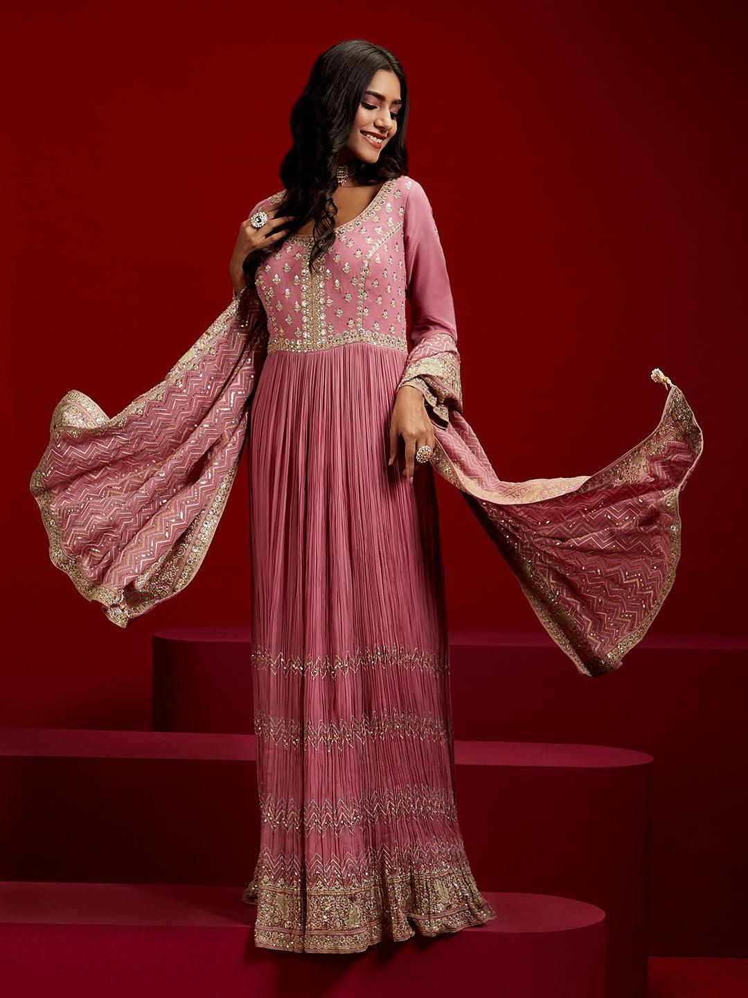 Libas Art Pink Embroidered Georgette A-Line Kurta With Trousers & Dupatta