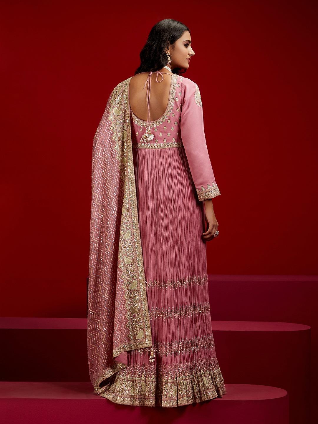 Libas Art Pink Embroidered Georgette A-Line Kurta With Trousers & Dupatta