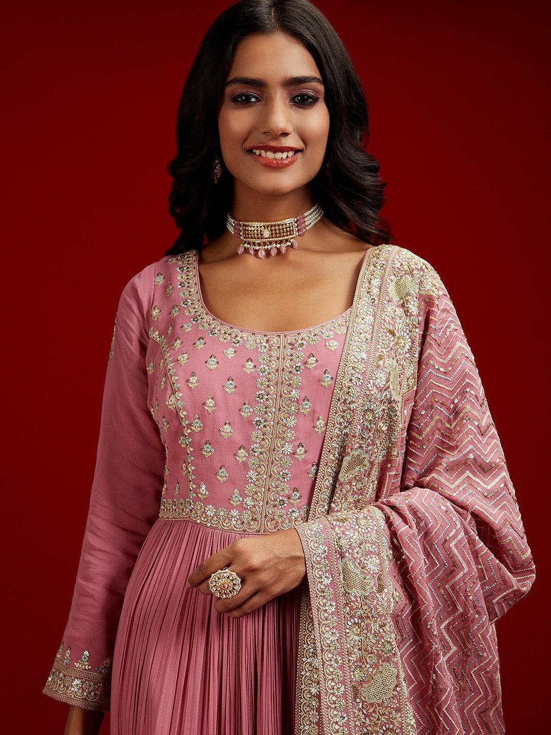 Libas Art Pink Embroidered Georgette A-Line Kurta With Trousers & Dupatta