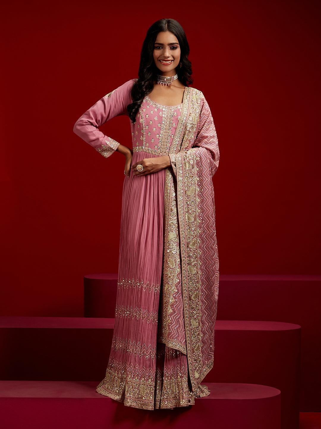 Libas Art Pink Embroidered Georgette A-Line Kurta With Trousers & Dupatta