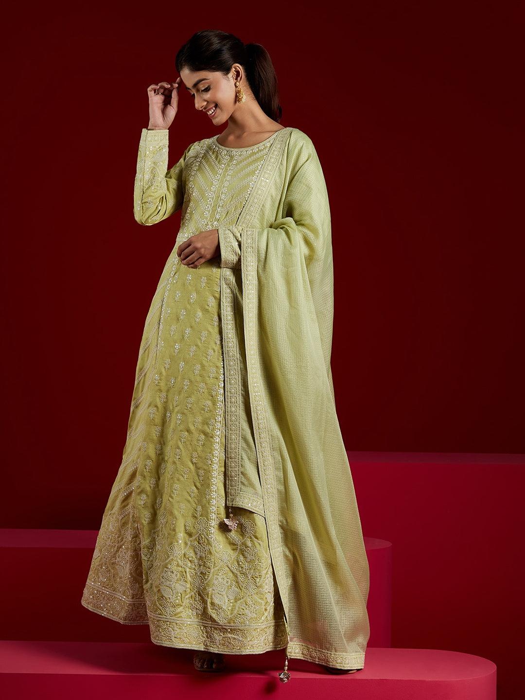 Libas Art Green Embroidered Silk A-Line Kurta With Trousers & Dupatta