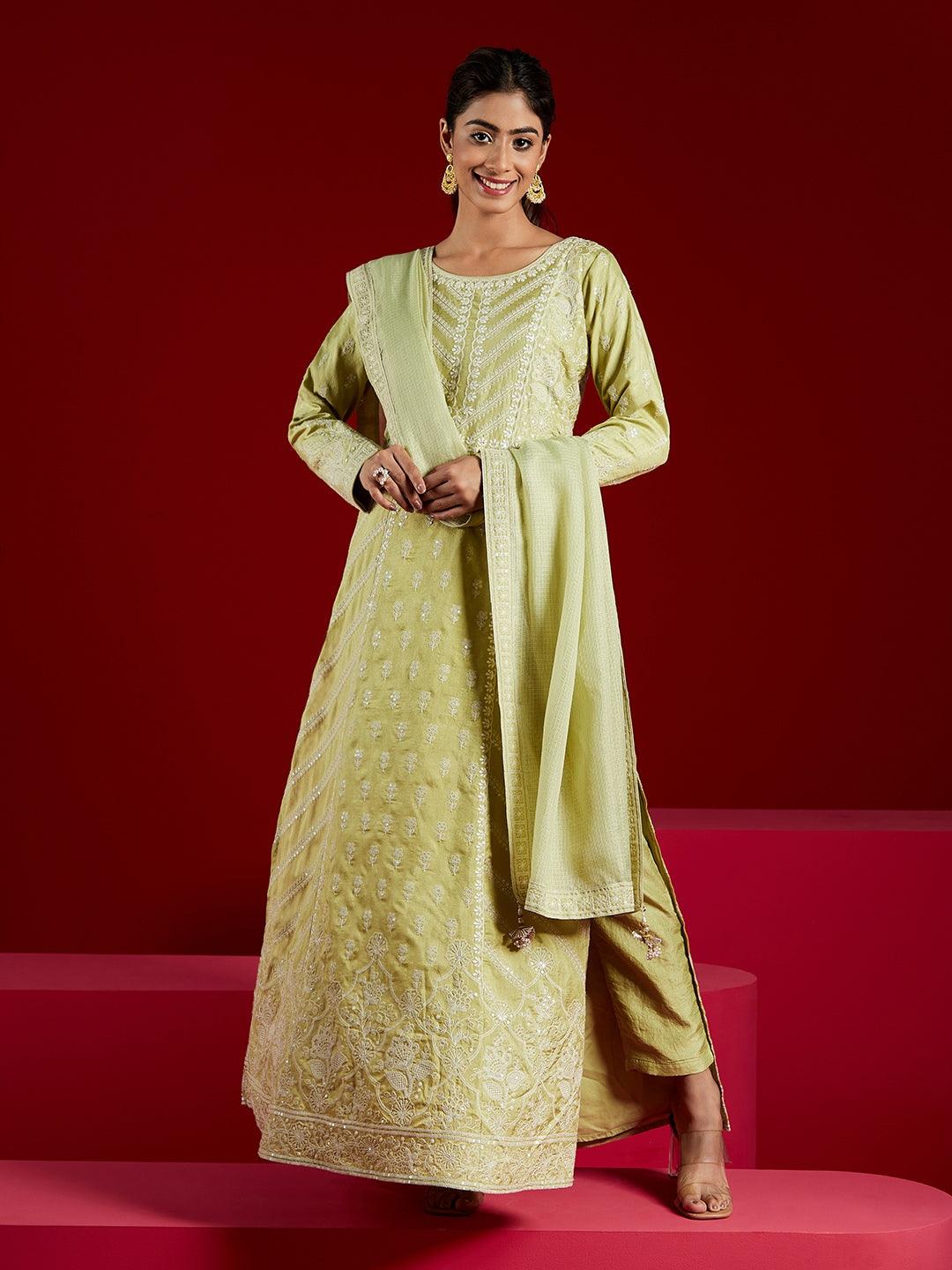 Libas Art Green Embroidered Silk A-Line Kurta With Trousers & Dupatta