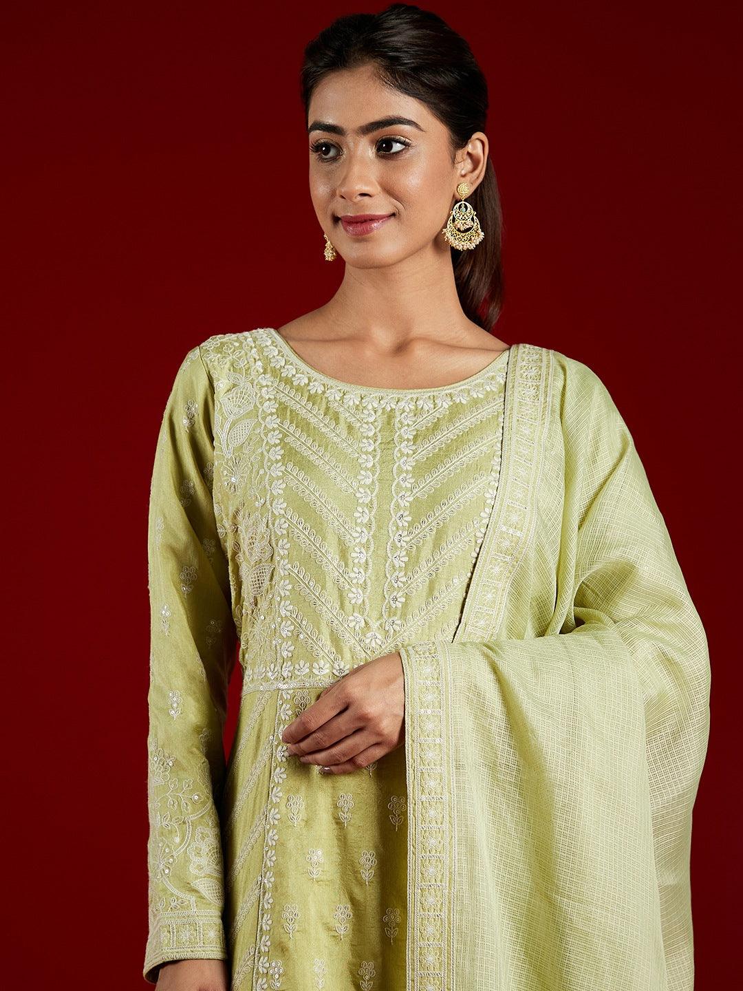 Libas Art Green Embroidered Silk A-Line Kurta With Trousers & Dupatta