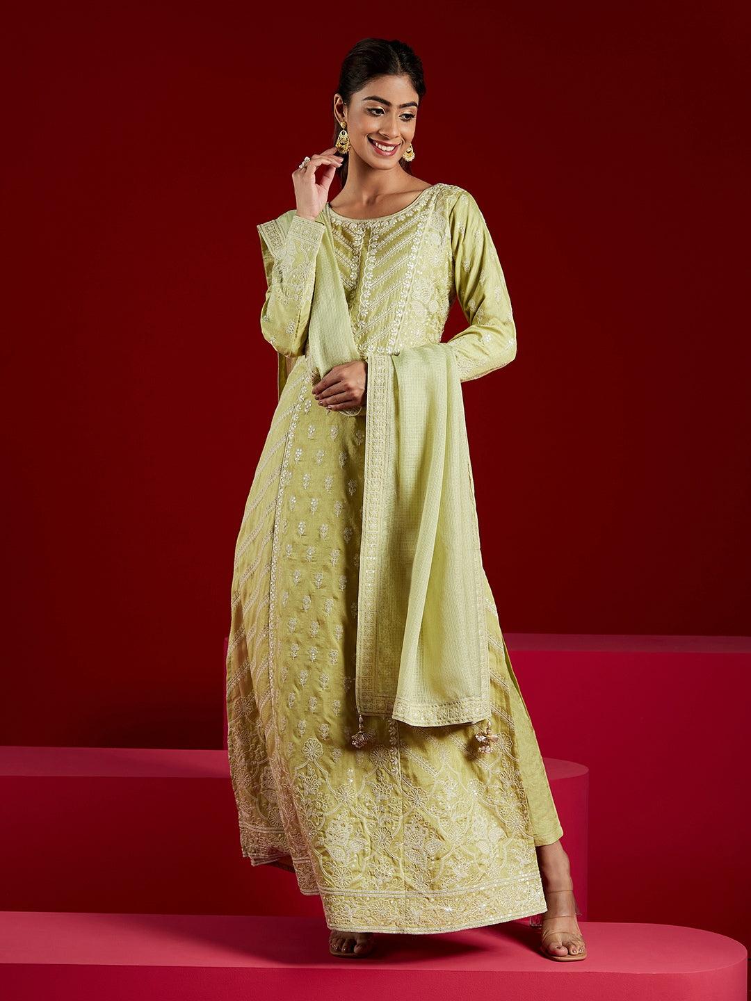 Libas Art Green Embroidered Silk A-Line Kurta With Trousers & Dupatta