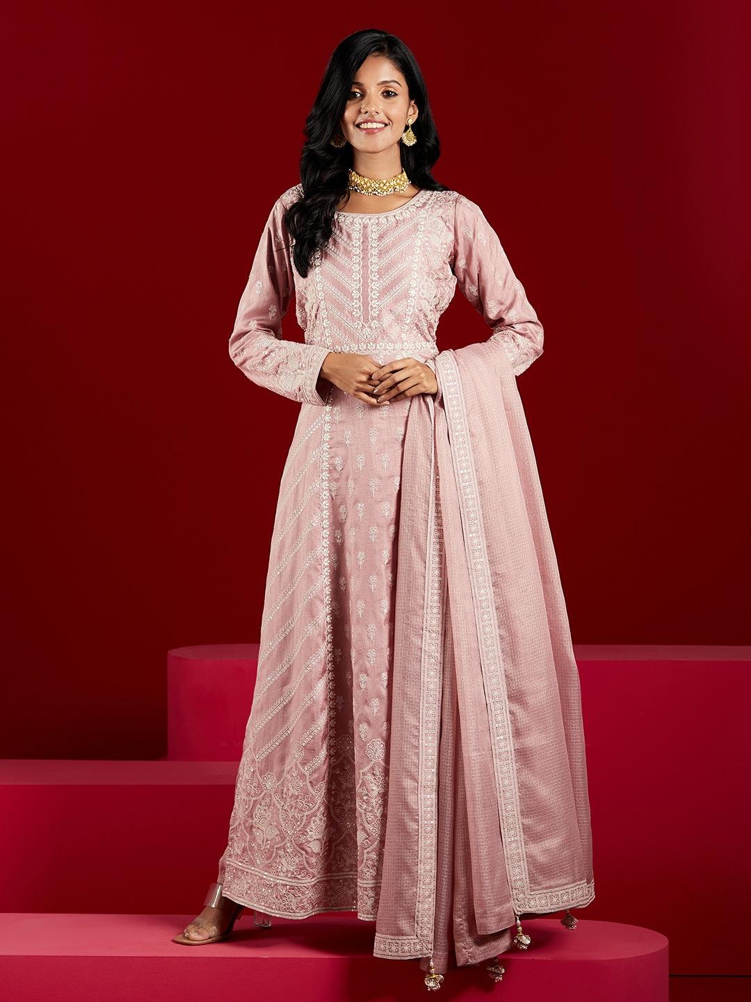 Libas Art Dusty Pink Embroidered Silk A-Line Kurta With Trousers & Dupatta - ShopLibas