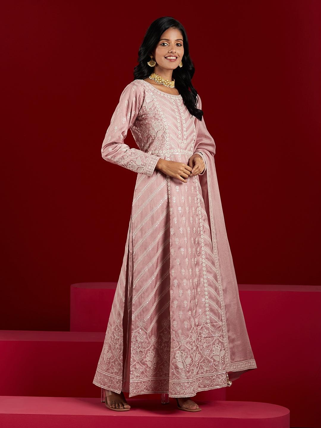 Libas Art Dusty Pink Embroidered Silk A-Line Kurta With Trousers & Dupatta