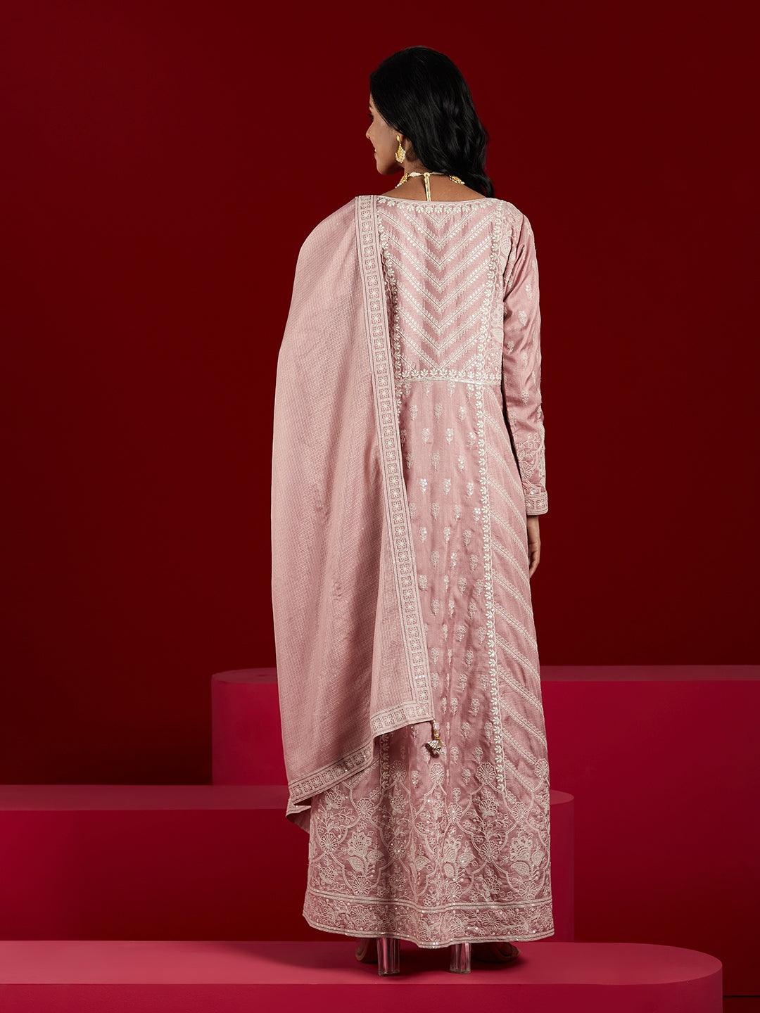 Libas Art Dusty Pink Embroidered Silk A-Line Kurta With Trousers & Dupatta