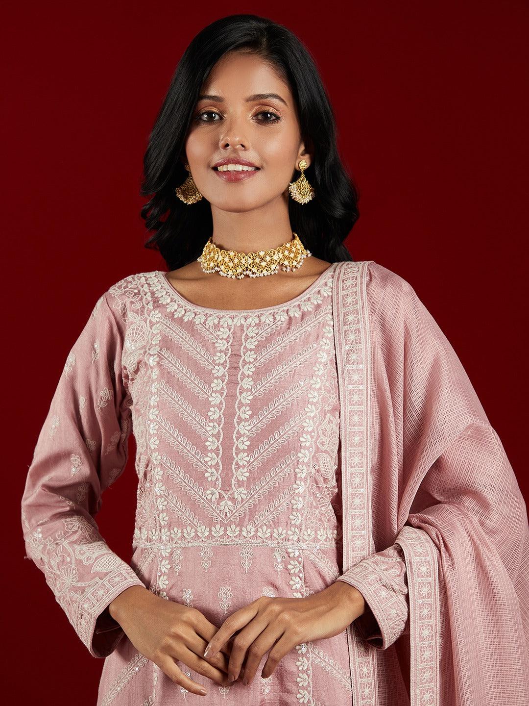 Libas Art Dusty Pink Embroidered Silk A-Line Kurta With Trousers & Dupatta