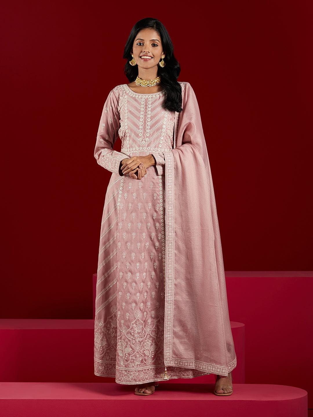 Libas Art Dusty Pink Embroidered Silk A-Line Kurta With Trousers & Dupatta - ShopLibas